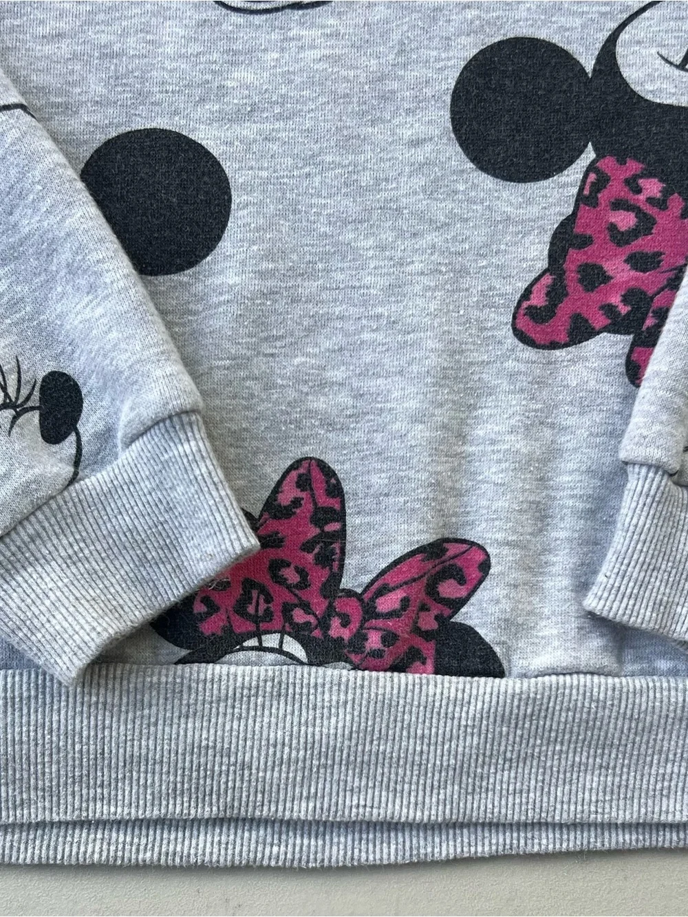 Disney Girls Gray Pullover Sweatshirt with Pink Leopard Minnie Print